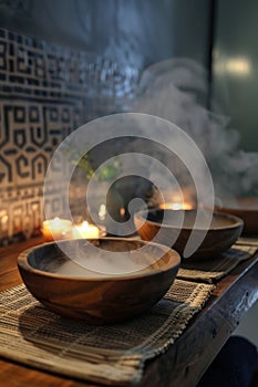 A serene spa setting with steam rising from a wooden bowl of hot water