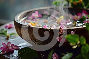 A serene spa setting with steam rising from a wooden bowl of hot water