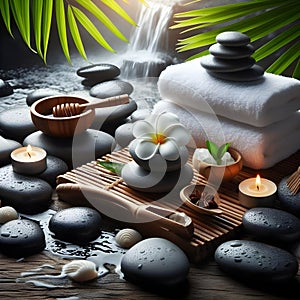 Serene Spa Setting With Towel and Stones by a Babbling Brook in Lush Greenery