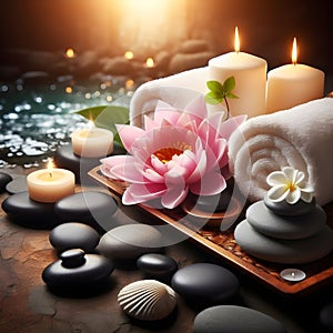 Serene Spa Setting With Towel and Stones by a Babbling Brook in Lush Greenery