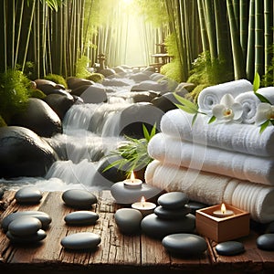 Serene Spa Setting With Towel and Stones by a Babbling Brook in Lush Greenery