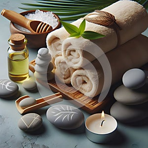 Serene Spa Setting With Towel and Stones by a Babbling Brook in Lush Greenery