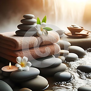 Serene Spa Setting With Towel and Stones by a Babbling Brook in Lush Greenery