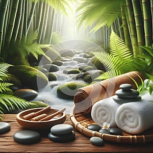 Serene Spa Setting With Towel and Stones by a Babbling Brook in Lush Greenery