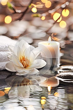 Serene Spa Setting With Water Lily, Candle, and Stones Reflecting in Tranquil Water