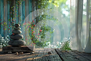 Serene Spa Setting with Zen Stones on Wooden Surface, Ethereal Nature Background with Sunlight and Blossoms