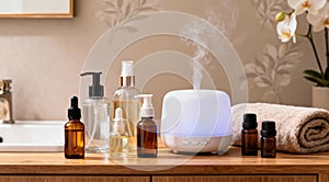 Serene Spa Setup with Essential Oils and Aromatherapy Diffusers