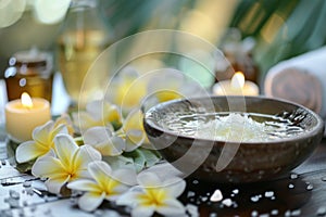 Serene spa setup with salt soak, tropical flowers, candles, and essential oils