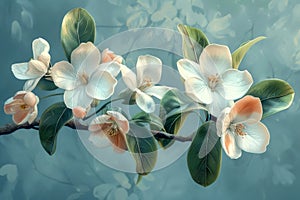 Serene Spring Blossom Artistic Background with Delicate White Flowers on a Blue Tinted Botanical Scene