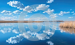 A serene spring lake reflecting the clear blue sky and fluffy white clouds