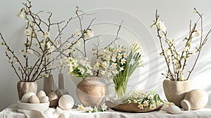 Serene spring still life with blossoming branches and ceramic vases. elegant home decor display. white theme. AI