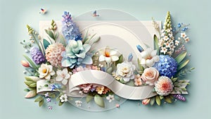 Serene Springtime Floral Banner With a Variety of Blooming Flowers and Pastel Background. Generative AI