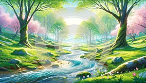 Serene Springtime Forest Landscape with Stream