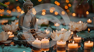 Serene Statue of Meditating Buddha surrounded by Lotus Flowers and Flickering Candles. AI Generated