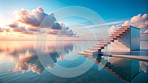 Serene steps to a calm horizon at sunset. Generative AI