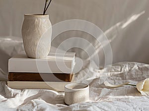Serene Still Life With Ceramic Vase, Books, and White Rose on a Draped Cloth
