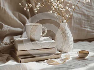 Serene Still Life With Ceramic Vase, Books, and White Rose on a Draped Cloth