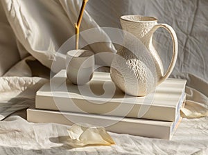 Serene Still Life With Ceramic Vase, Books, and White Rose on a Draped Cloth