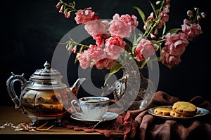 Serene Stilllife flower tea. Generate Ai photo