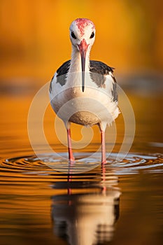 Serene Stilt Bird at Sunset: A Beautiful Reflection on Calm Waters - Generative AI