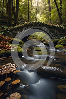 Serene Stone Arch Bridge over Mossy Creek in Autumn Forest