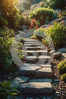 Stone Steps Garden Path, Sunlit Nature Walkway