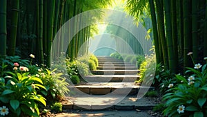 Serene stone steps ascending through a lush bamboo forest bathed in sunlight. Generative AI