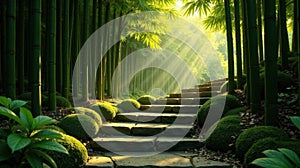 Serene stone steps ascending through a lush bamboo forest bathed in sunlight. Generative AI