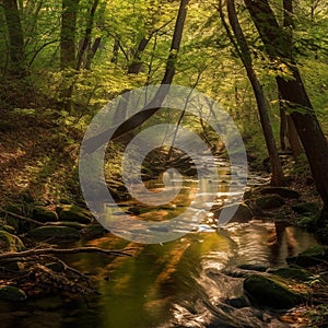Serene Stream in Sunlit Forest