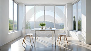 A Serene Study: Minimalist White Table and Chairs in a Sunlit Room AI Generated