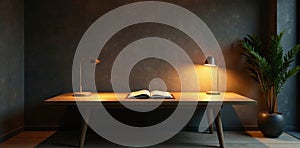 Serene study space with warm lighting and open book on wooden desk. Generative AI