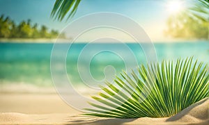 Serene summer beach scene with palm leaves, sand, and sea