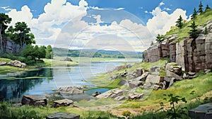 Serene Summer Day: Anime Landscape Painting In Prairiecore Style