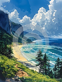 Serene Summer Day: A Canadian Beachscape of Towering Pines, Rock