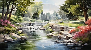 Serene Summer Day: Creek Landscape Painting Wall Art
