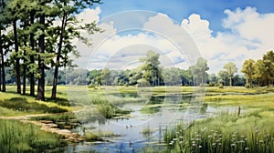 Serene Summer Day: Hyper-detailed Swamp Landscape Painting