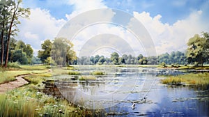 Serene Summer Day: Swamp Painting With Park, Lake, Field, And River