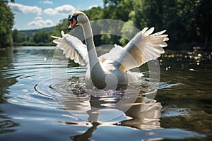 A serene summer day A swans graceful glide on a lake