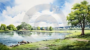 Serene Summer Day: Watercolor Landscape By Lake Digital Art