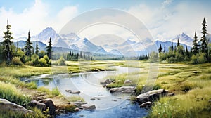 Serene Summer Day: Watercolor Landscape Painting Of Tundra Park