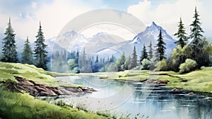 Serene Summer Day: Watercolor Landscape Scenery With Hyperrealistic Rendering