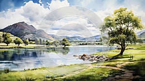 Serene Summer Day: Watercolor Painting Of A Fjord Park, Lake, Field, And River