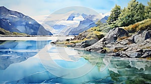 Serene Summer Day: Watercolor Painting Of Glacier Park, Lake, Field, And River photo