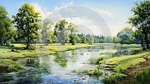 Serene Summer Day: Watercolor Swamp Painting With Park, Lake, Field, And River