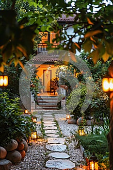 Serene Summer Evening in a Beautiful Backyard Garden With Warm Lights