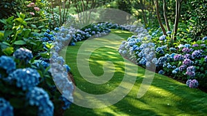 Serene Summer Garden with Blooming Hydrangea Annabelle and Beautiful English Cottage Landscape Design