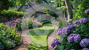 Serene Summer Garden with Blooming Hydrangea Annabelle and Beautiful English Cottage Landscape Design