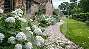 Serene Summer Garden with Blooming Hydrangea Annabelle and Beautiful English Cottage Landscape Design