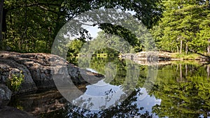 Serene summer lake landscape with reflections of sky and trees