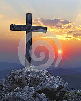 Serene sunrise behind cross, symbol of hope, hilltop vantage point , clean sharp focus photo